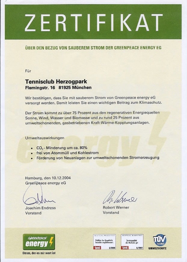 Zertifikat Greenpeace Energy e.G.